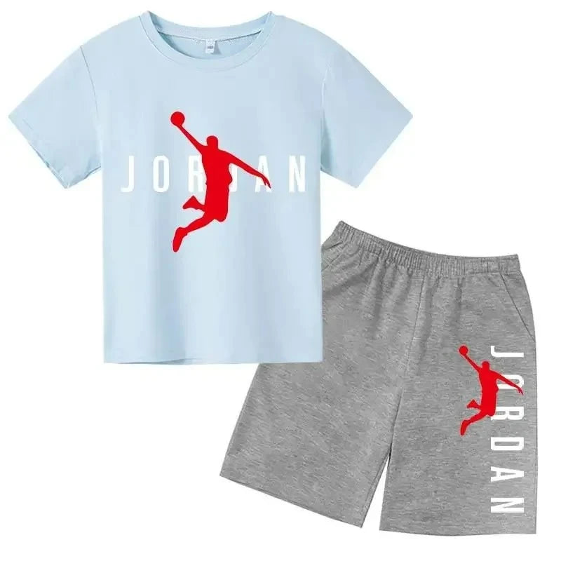 Light blue t-shirt and gray shorts set with red 'Jordan' logo on a white background