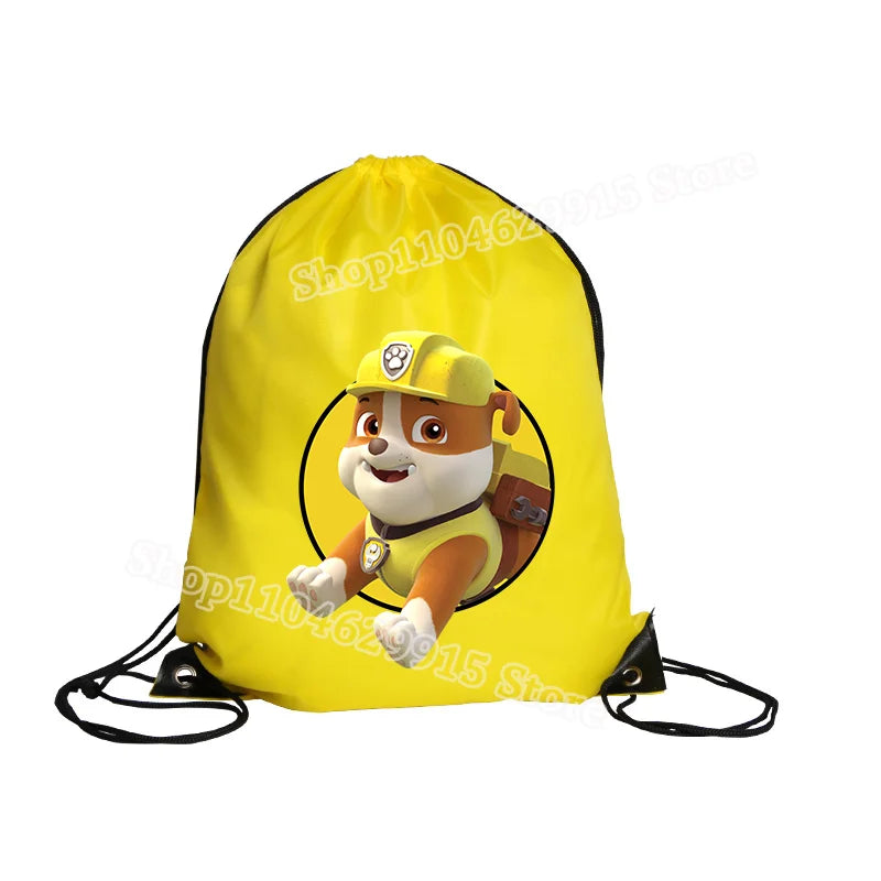 Yellow drawstring bag with a character from 'Paw Patrol' on a white background