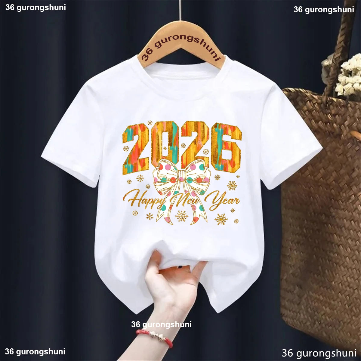 2026 Happy New Year Bow T-Shirt - Kids Celebration Tee