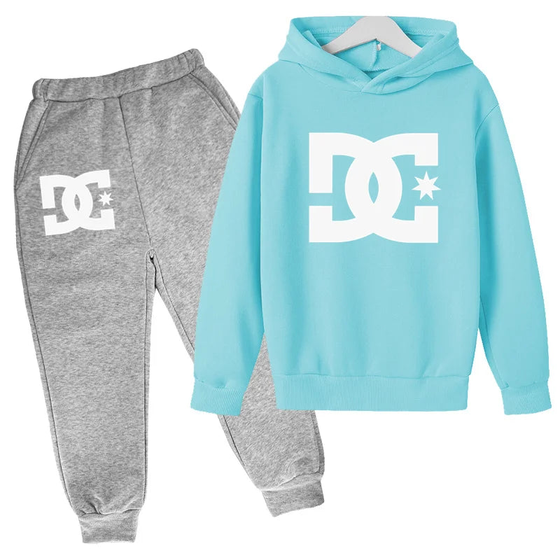 Light blue hoodie and gray sweatpants with DC logo on a white background