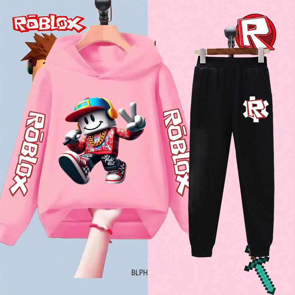 Pink hoodie with Roblox character and black pants with Roblox logo on a split background