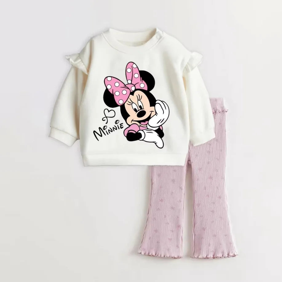 Children's outfit with a white shirt featuring Minnie Mouse and pink pants on a light gray background