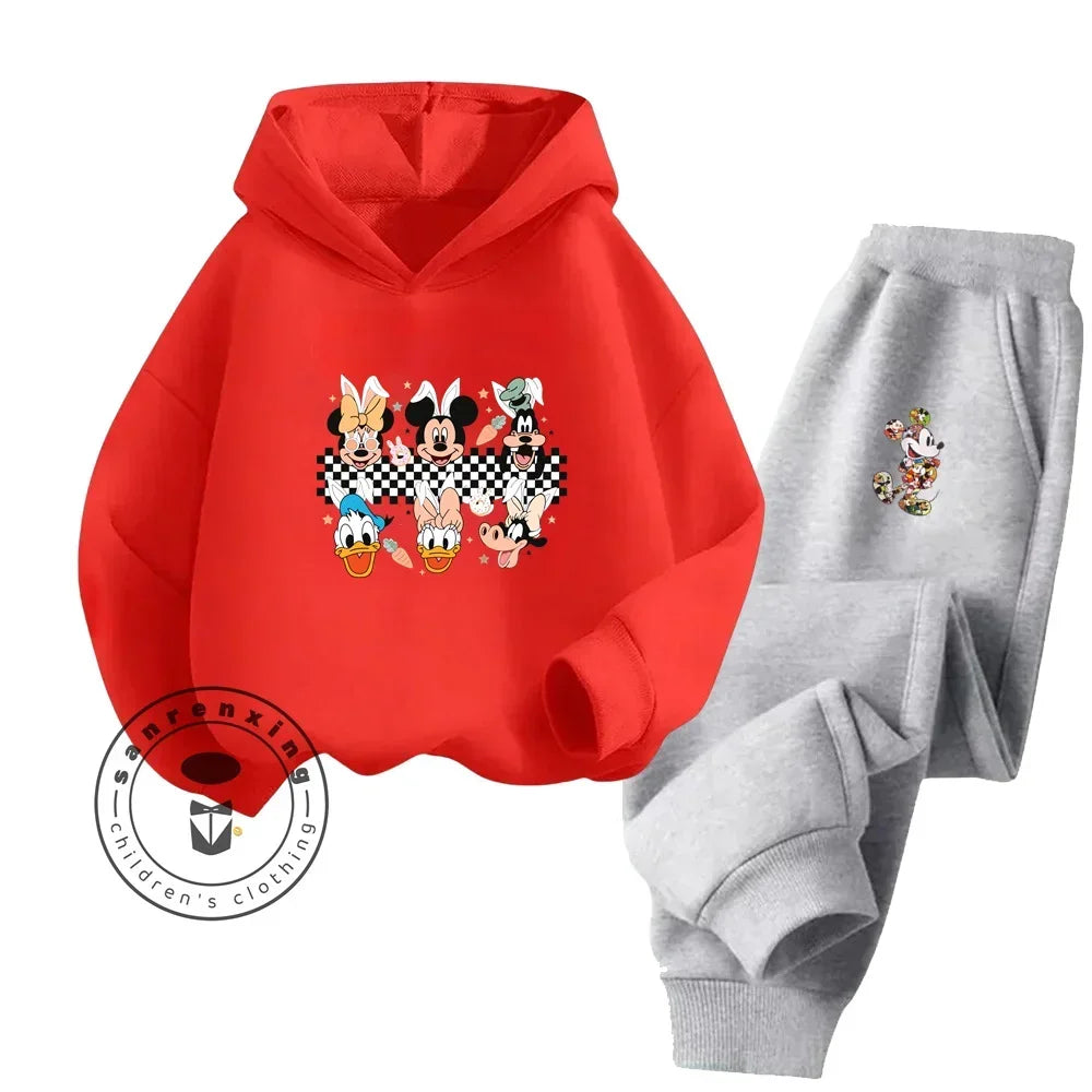 Red hoodie with cartoon characters and gray pants on a white background