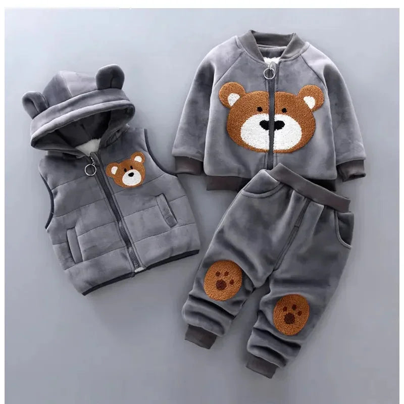 Children's gray fleece set with bear designs on a light gray background