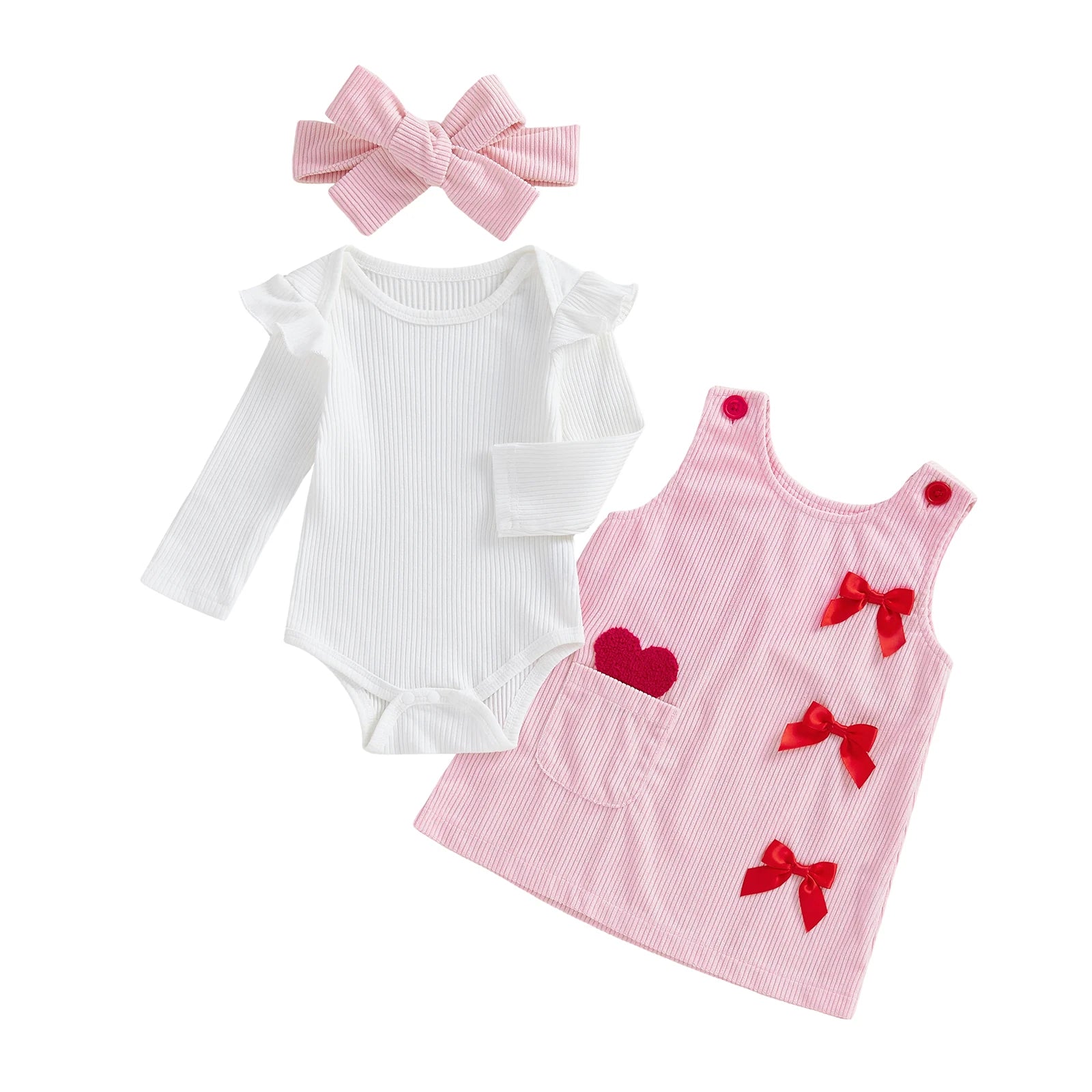 Baby outfit set with white bodysuit, pink dress with red bows, and pink bow headband on a white background.