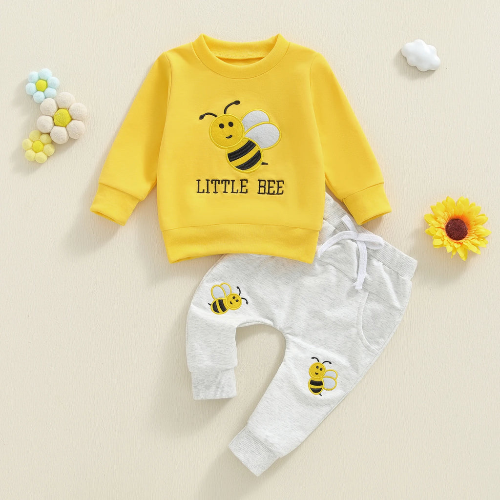 Bee Embroidery Long Sleeve Pullover with Pants 2pcs Set