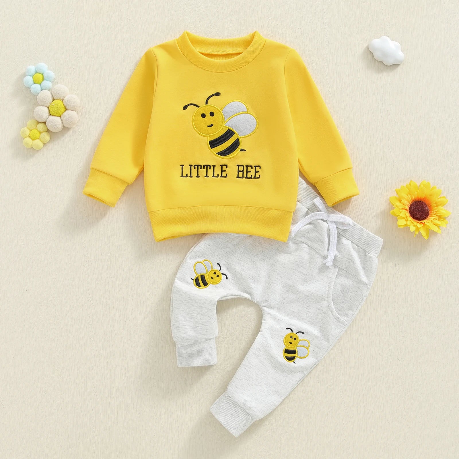 Bee Embroidery Long Sleeve Pullover with Pants 2pcs Set