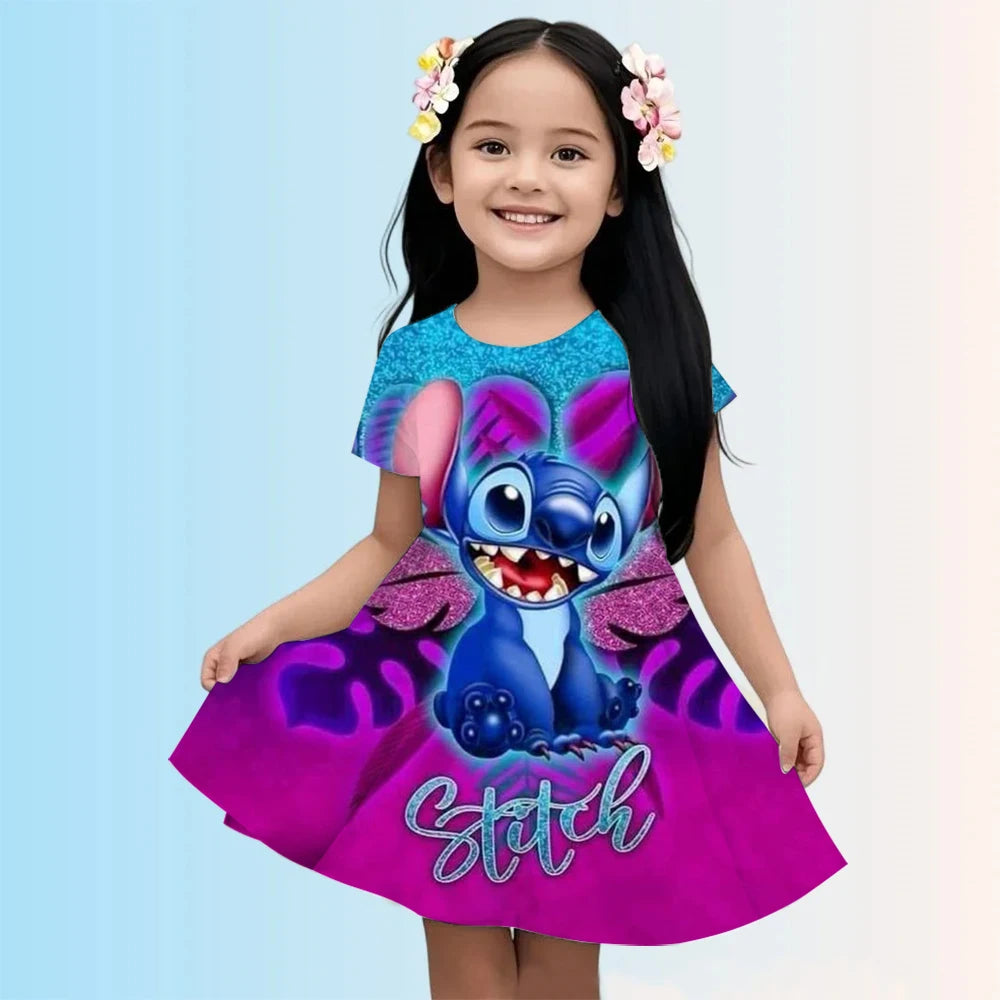 Child wearing a 'Stitch' themed dress with a blue and purple design on a light blue background