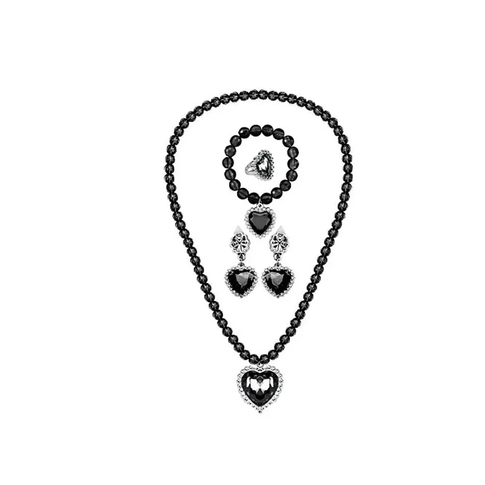 Black beaded necklace with heart-shaped charms on a white background