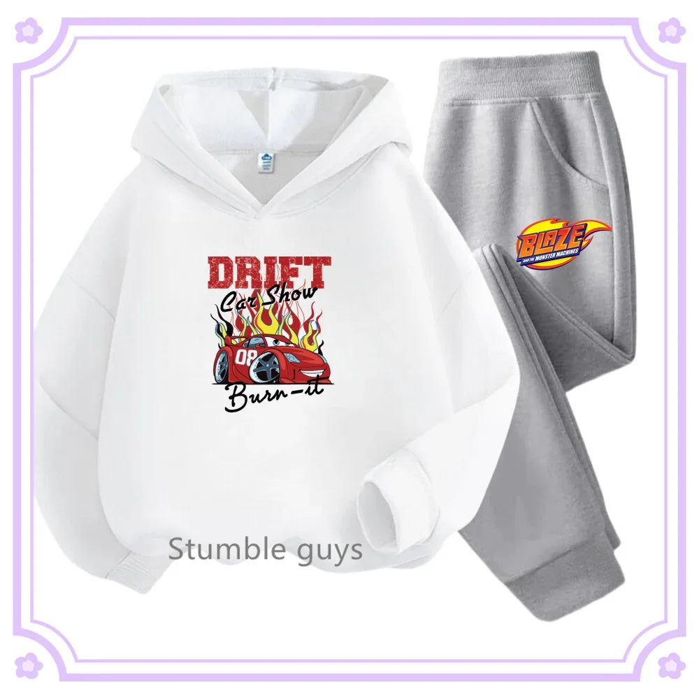 White hoodie with 'Drift Car Show Burn It' design and gray pants on a white background.