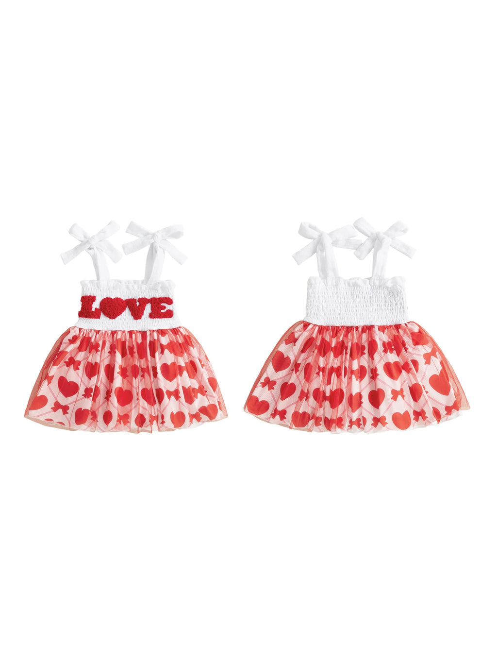 Two children's outfits with red heart patterns and 'LOVE' text on a white background