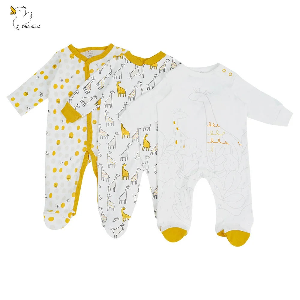 Two baby rompers with yellow accents on a white background, featuring animal prints.