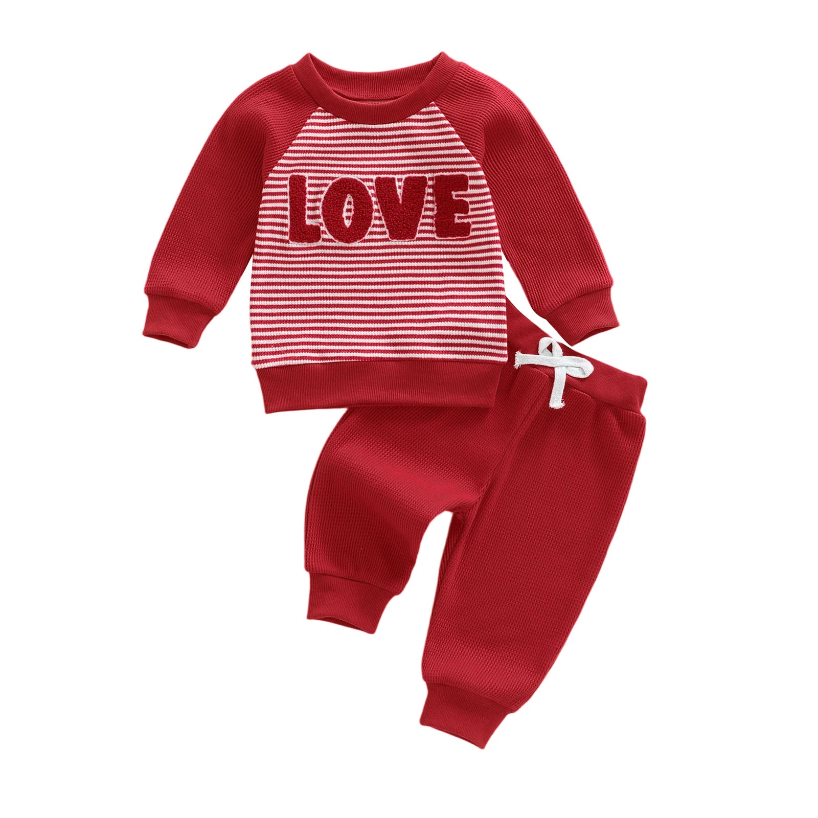 Red children's outfit with 'LOVE' print on a white background