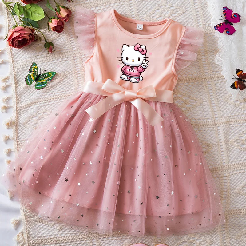 Pink dress with cartoon character on a textured surface with flowers and butterflies.