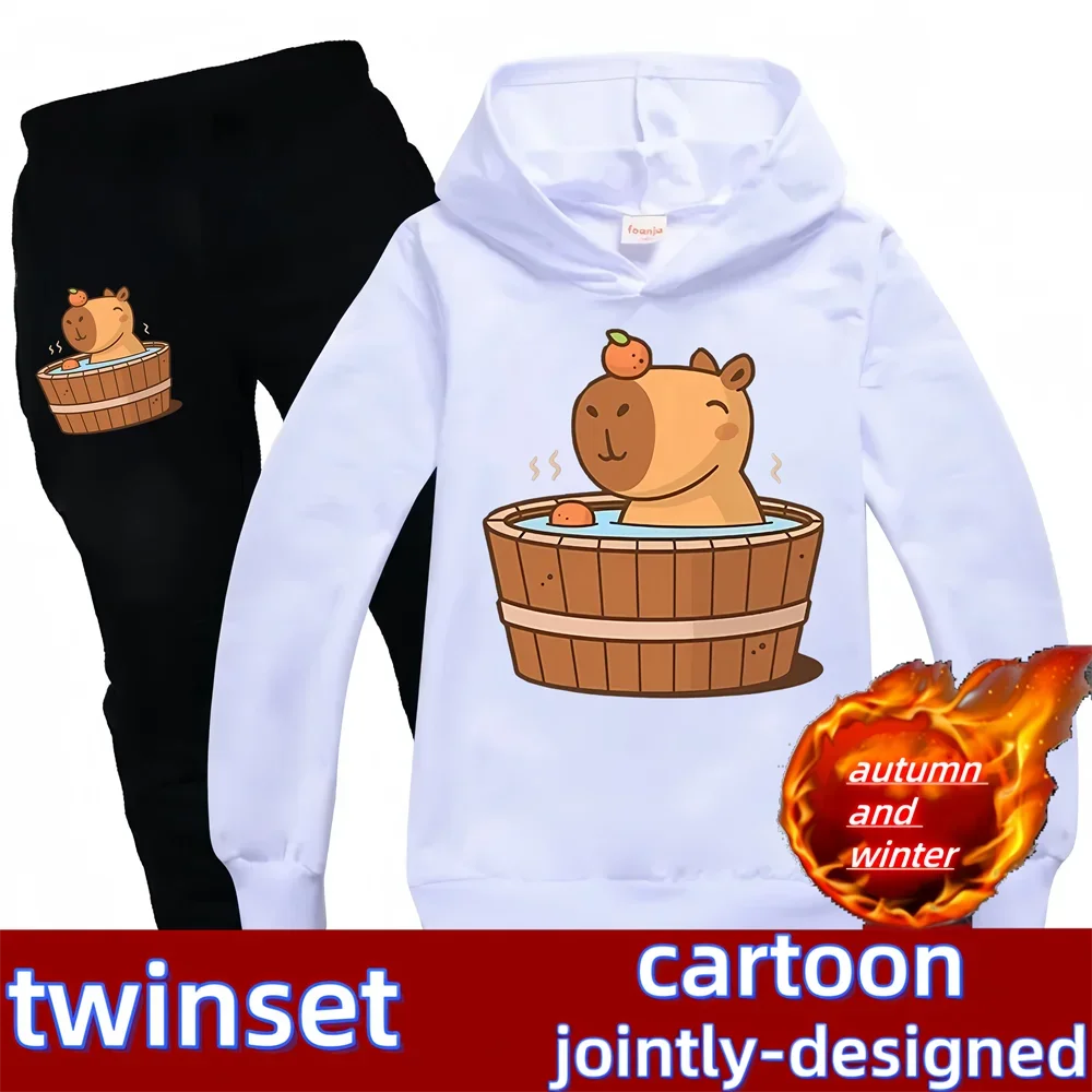 White hoodie with cartoon design of a bear in a hot tub and black pants, featuring the brand 'twinset'.
