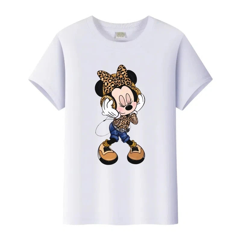 White t-shirt with a cartoon character wearing a leopard print outfit on a white background