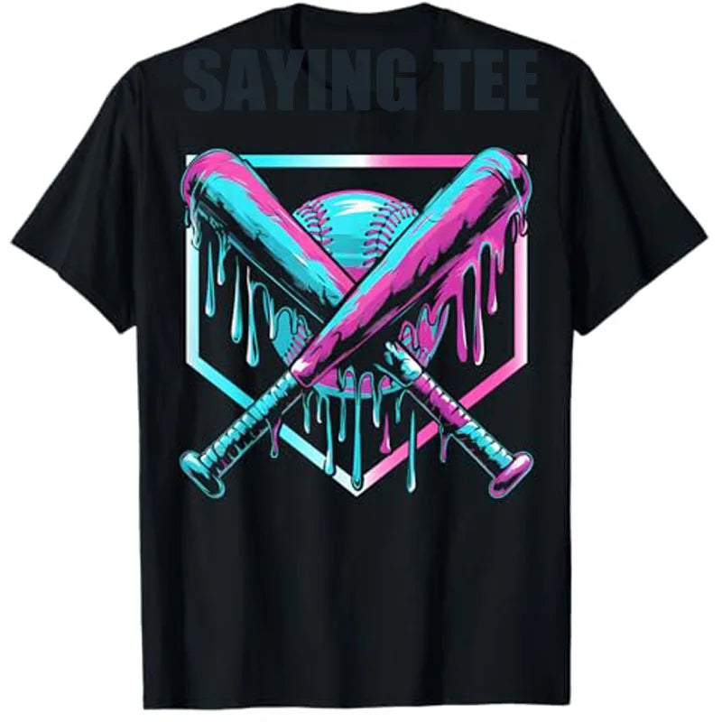 Black t-shirt with colorful baseball graphic and 'Saying Tee' text on a white background