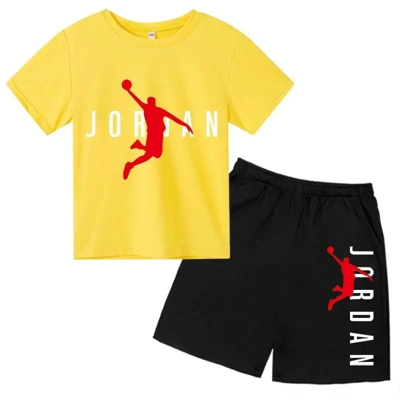 Yellow t-shirt and black shorts with Jordan logo on a white background