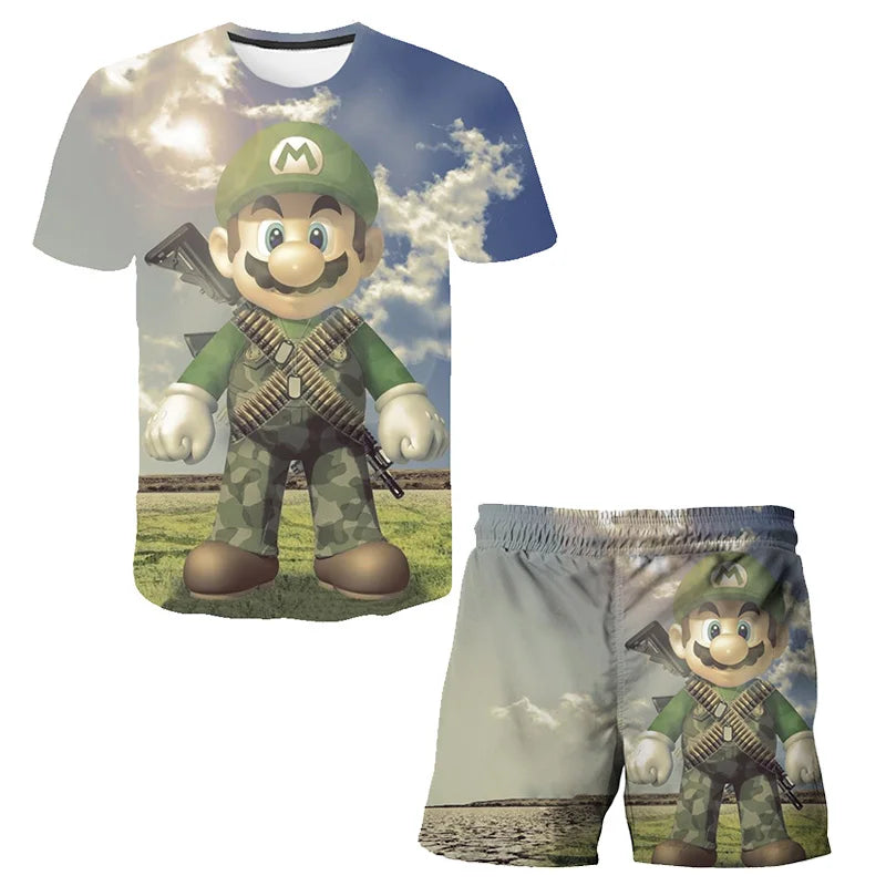 T-shirt and shorts set with a character design on a white background