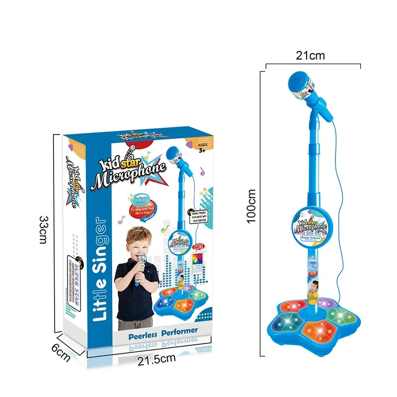 Children's toy microphone with stand and packaging, including dimensions.