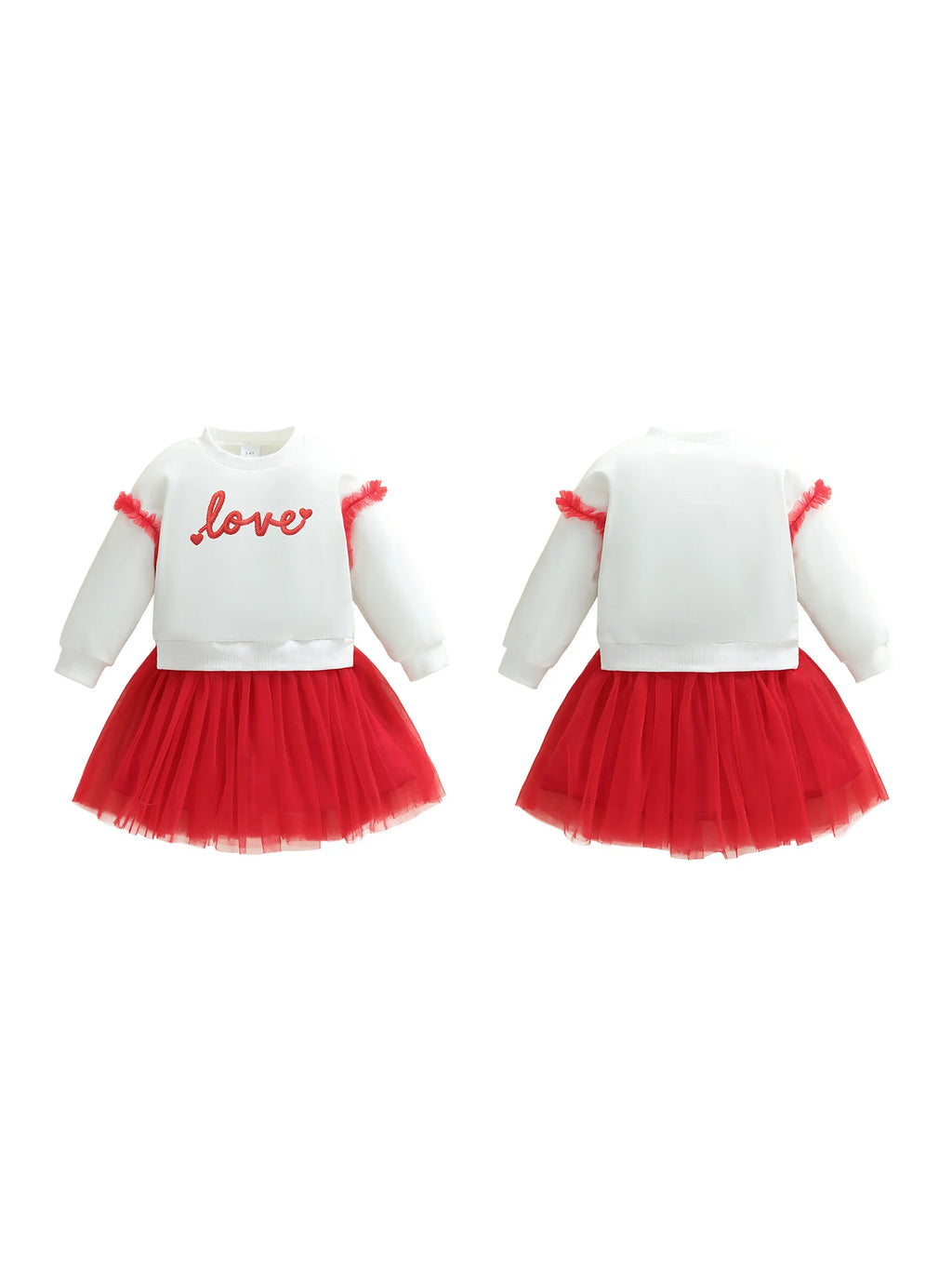 White sweater with red tulle skirt and 'love' text on a white background