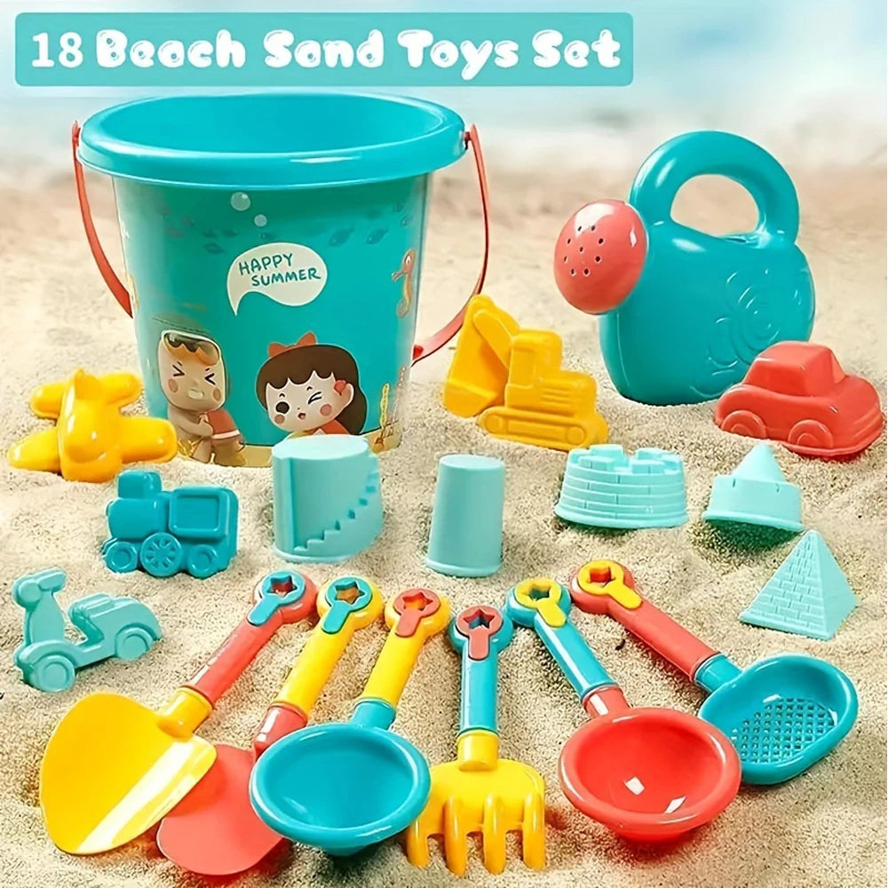 18 Beach Sand Toys Set with colorful tools and a blue bucket on sand