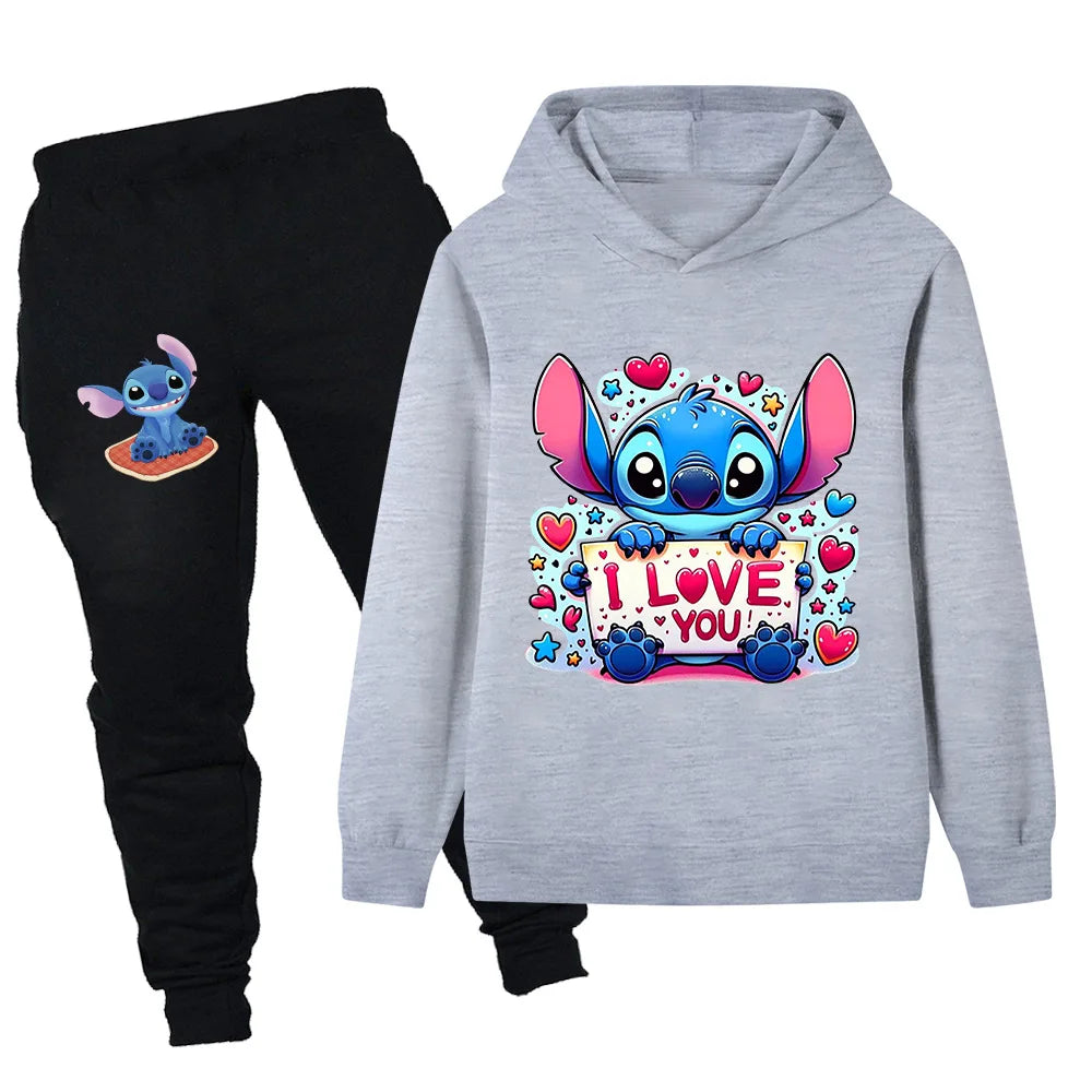 Gray hoodie with cartoon character and 'I Love You' text, black pants with cartoon character, on white background