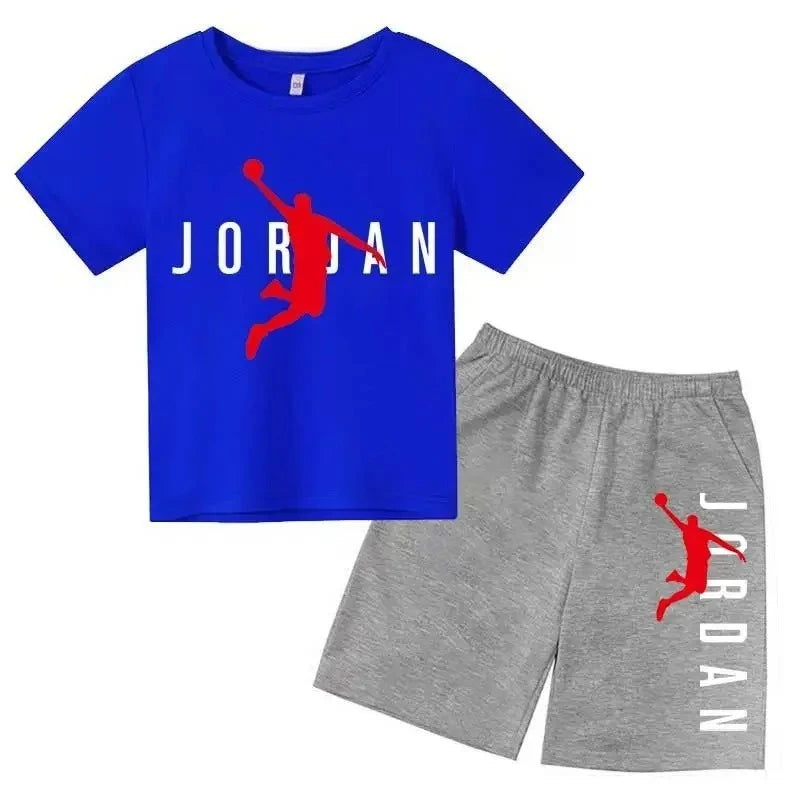 Blue t-shirt and gray shorts set with Jordan logo on a white background