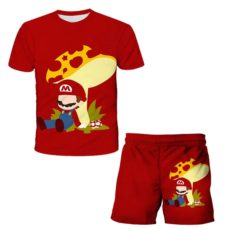 Red t-shirt and shorts set with mushroom and character design on a white background