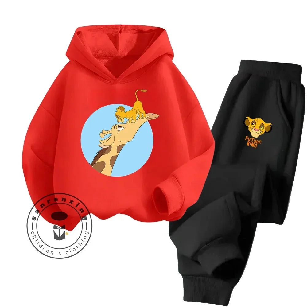 Red hoodie with cartoon design and black pants with 'Future King' text on a white background