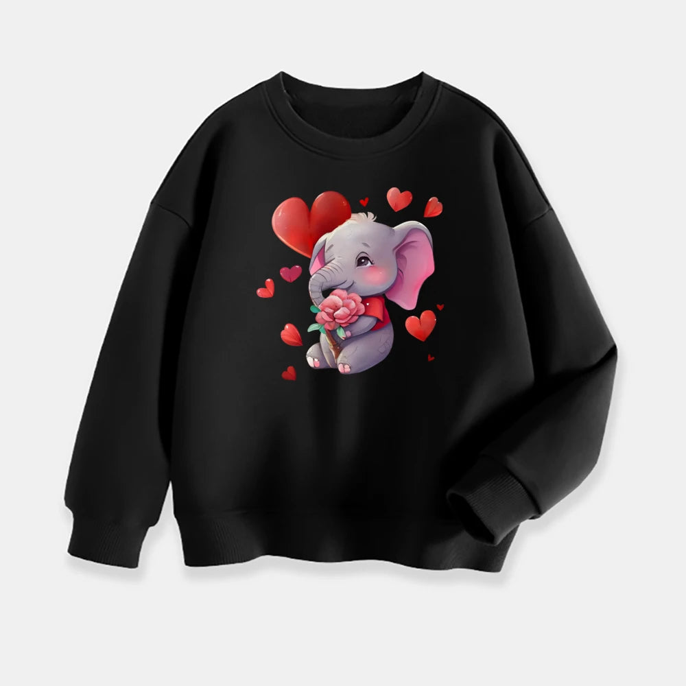 Black sweatshirt with an elephant holding a heart and roses design on a white background