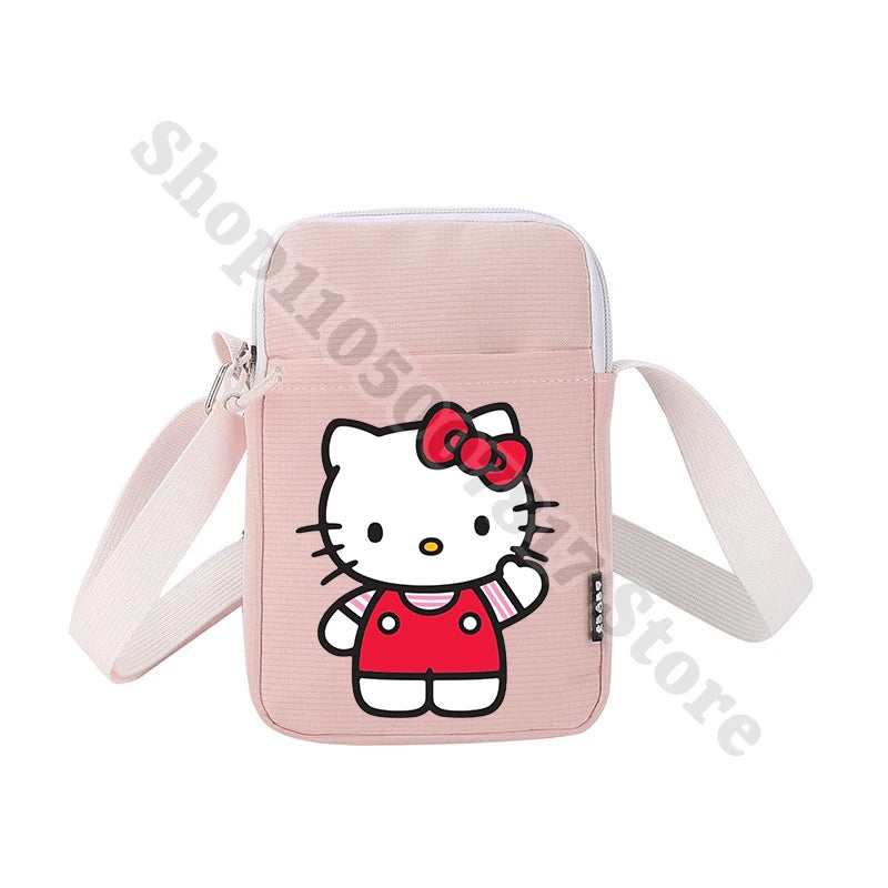 Pink crossbody bag with Hello Kitty design on a white background