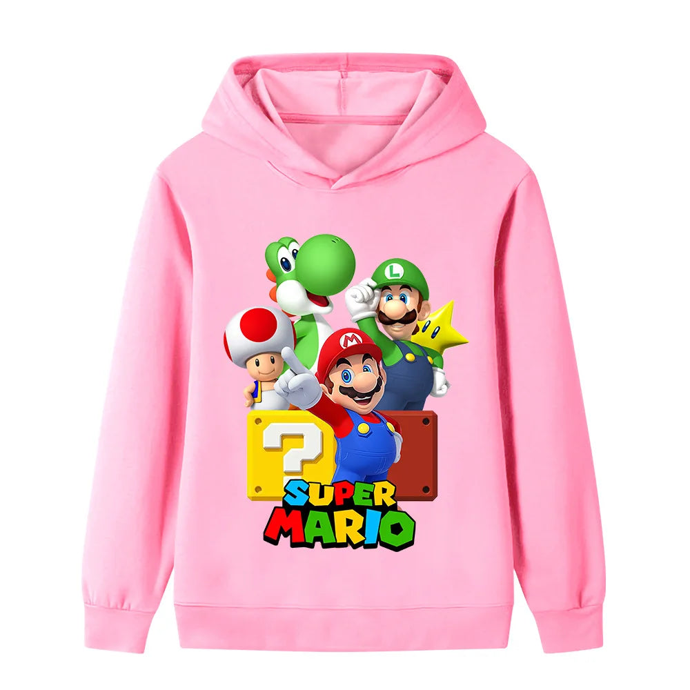Pink hoodie with Super Mario characters on a white background