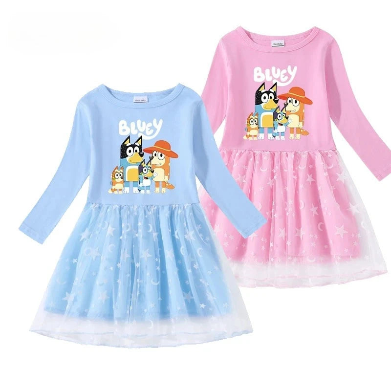Two children's dresses, one blue and one pink, with cartoon characters on a white background.