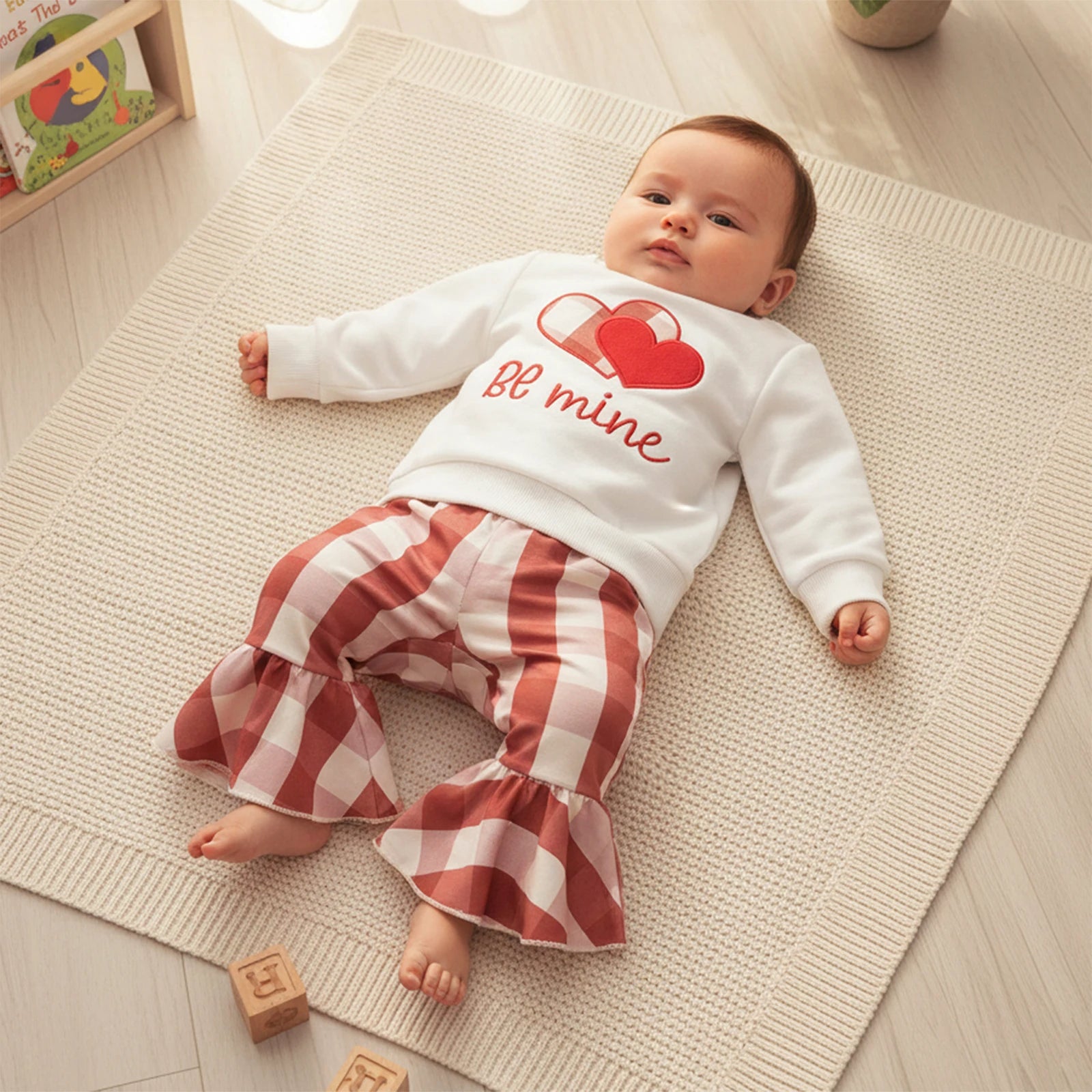 Baby lying on a mat wearing a white shirt with red text and red checkered pants.