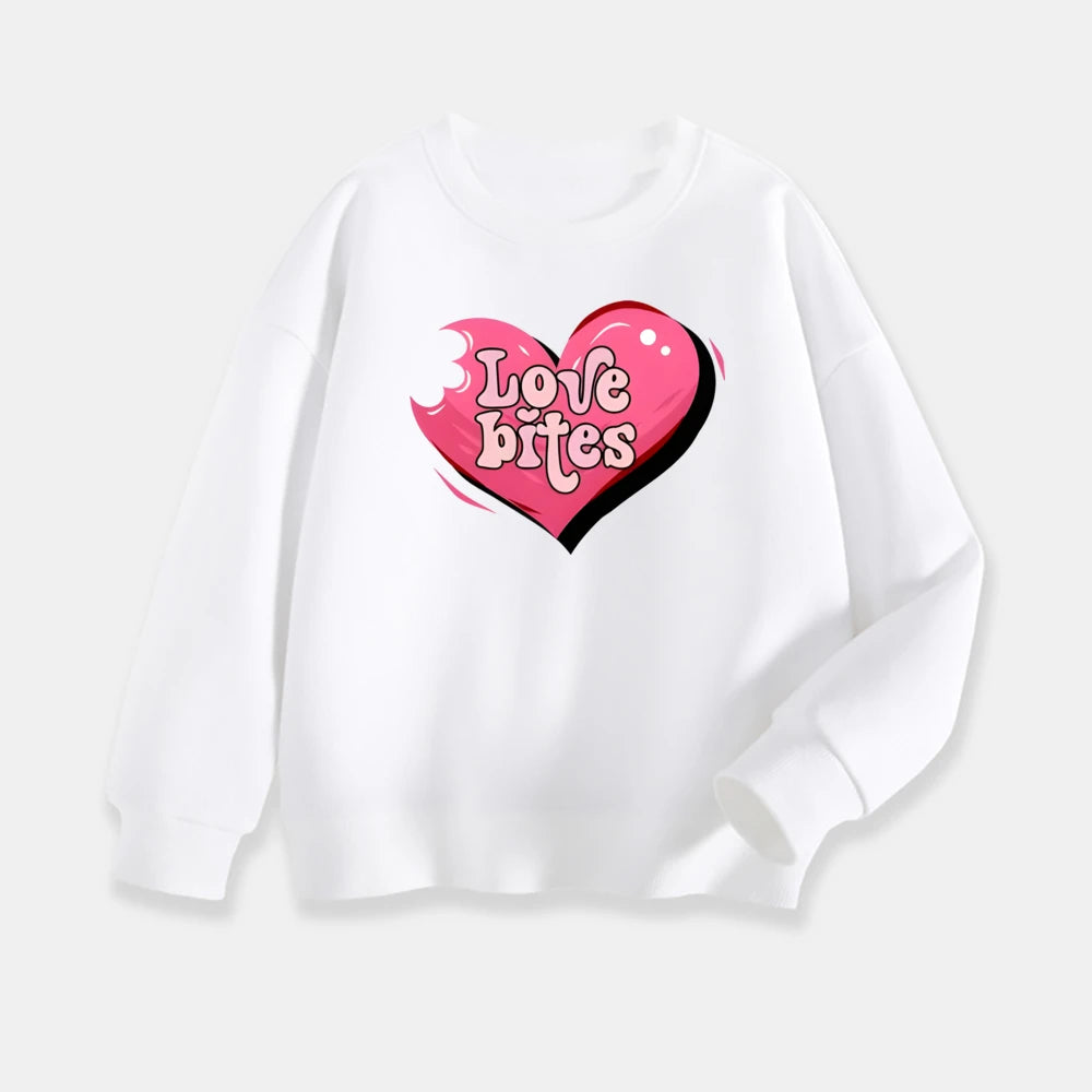 White sweatshirt with a pink heart and 'Love Bites' text on a white background