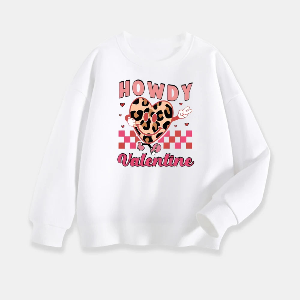 White sweatshirt with 'Howdy Valentine' design featuring a leopard print heart on a white background