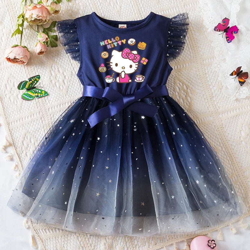 Navy blue dress with Hello Kitty design on a textured surface with flowers and butterflies.