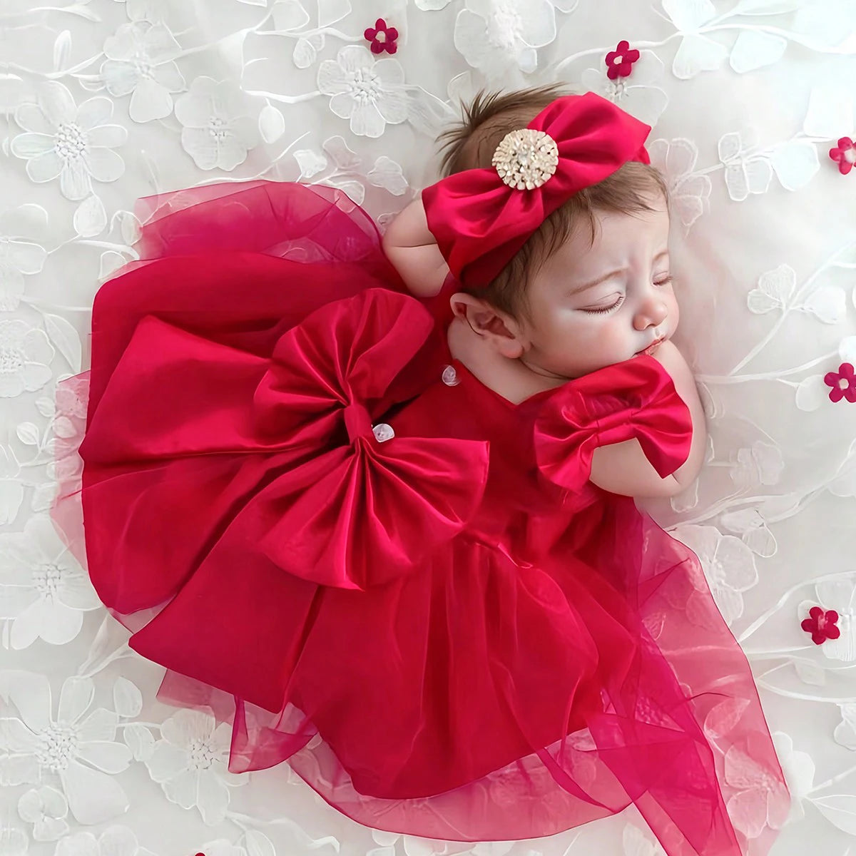 Baby in a red dress with a large bow, lying on a white floral background