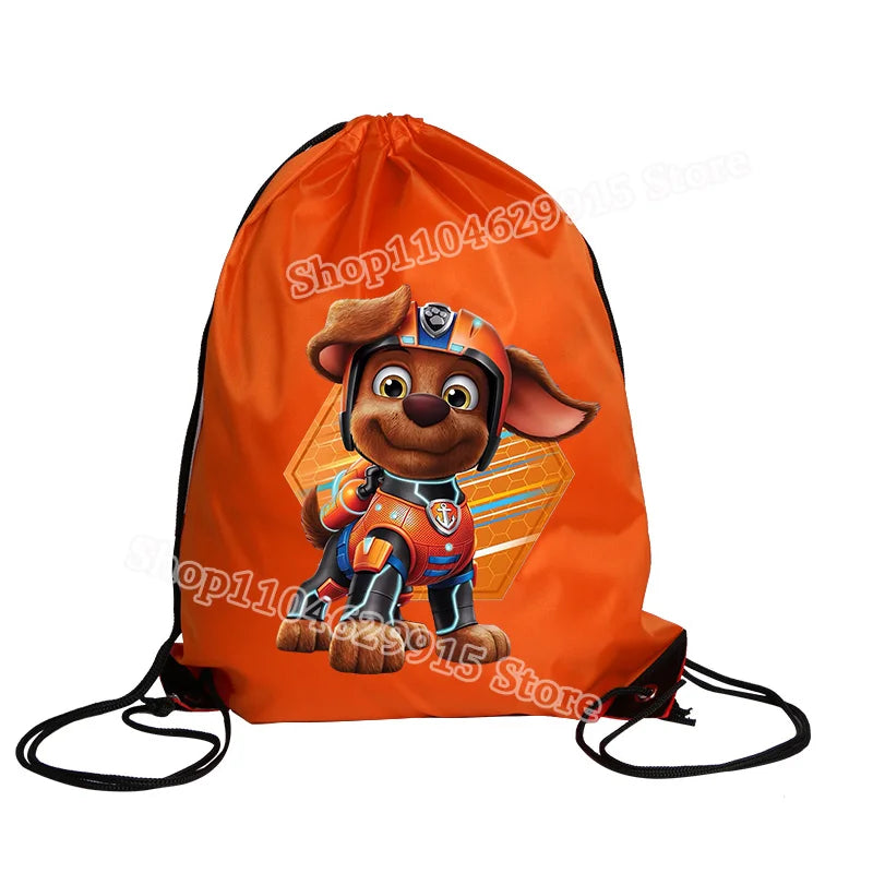 Orange drawstring bag with a cartoon dog character on a white background