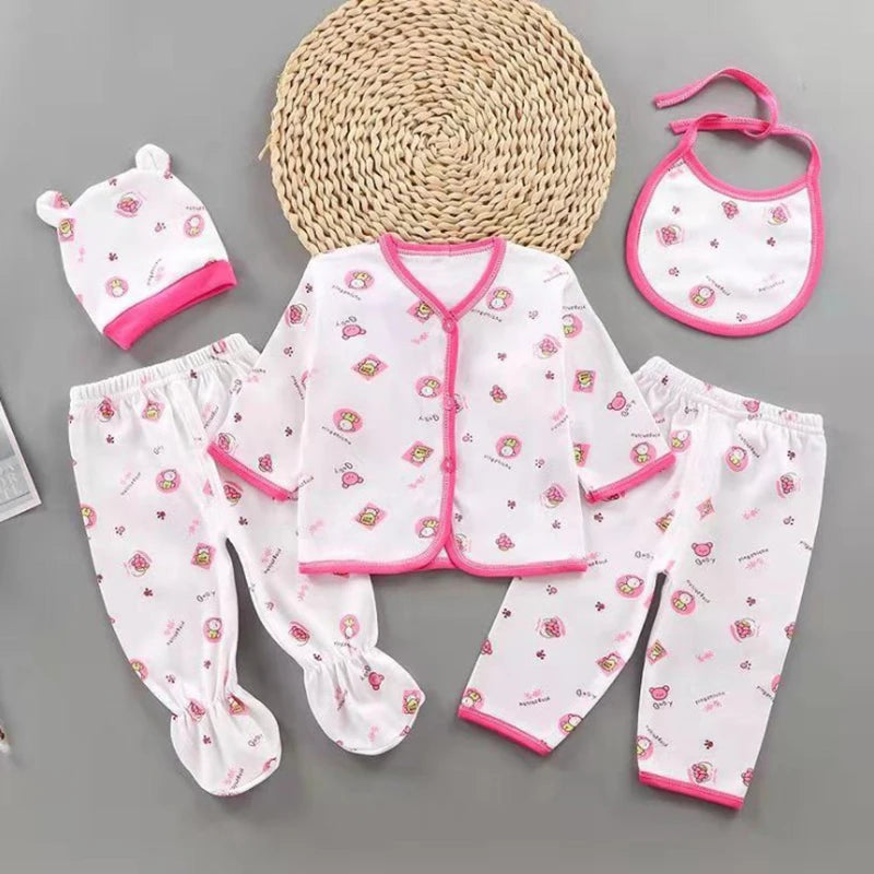 Newborn 5-Piece Baby Set - Cotton Essentials with Top, Pants, Bib & Hat