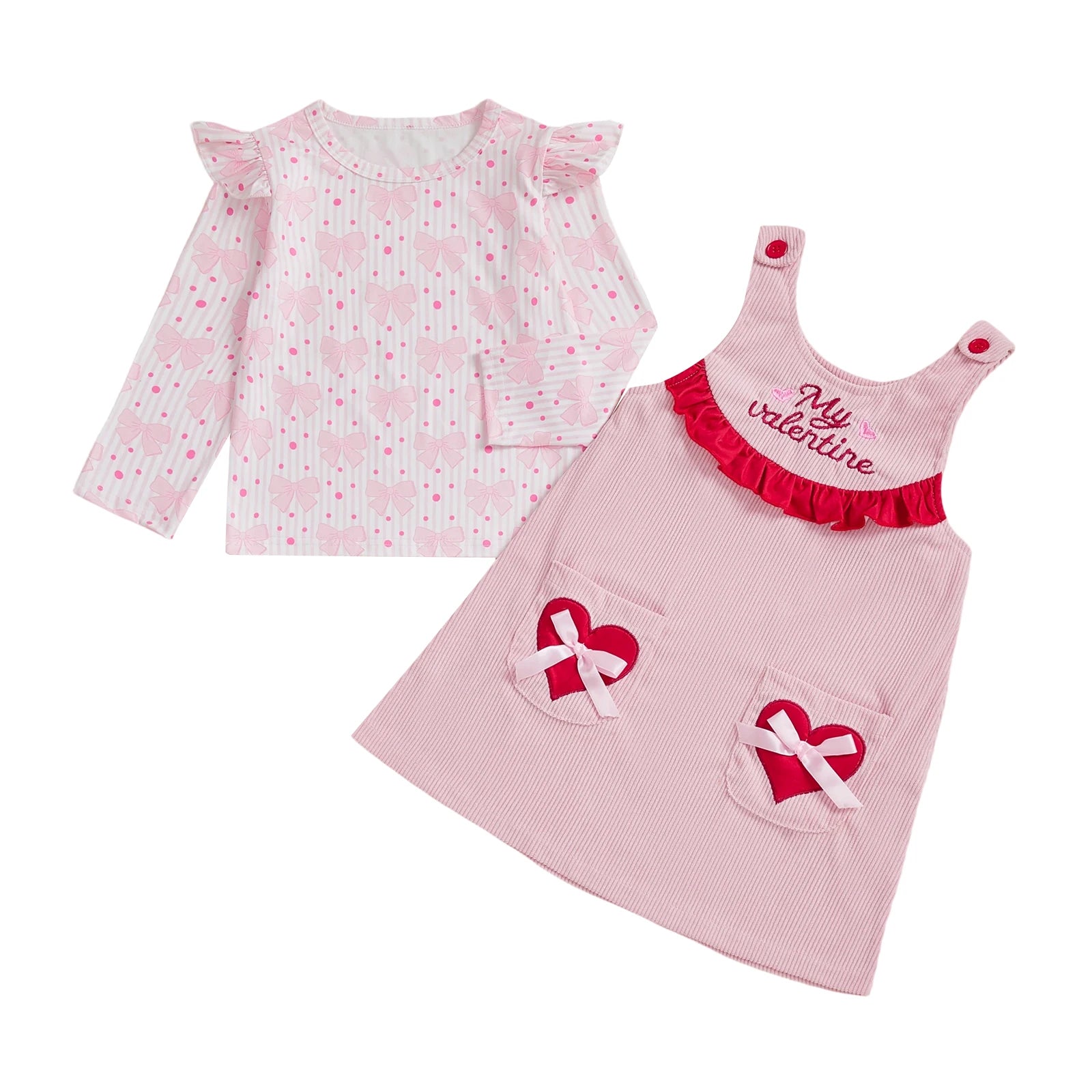 Children's pink outfit with top and dress on a white background