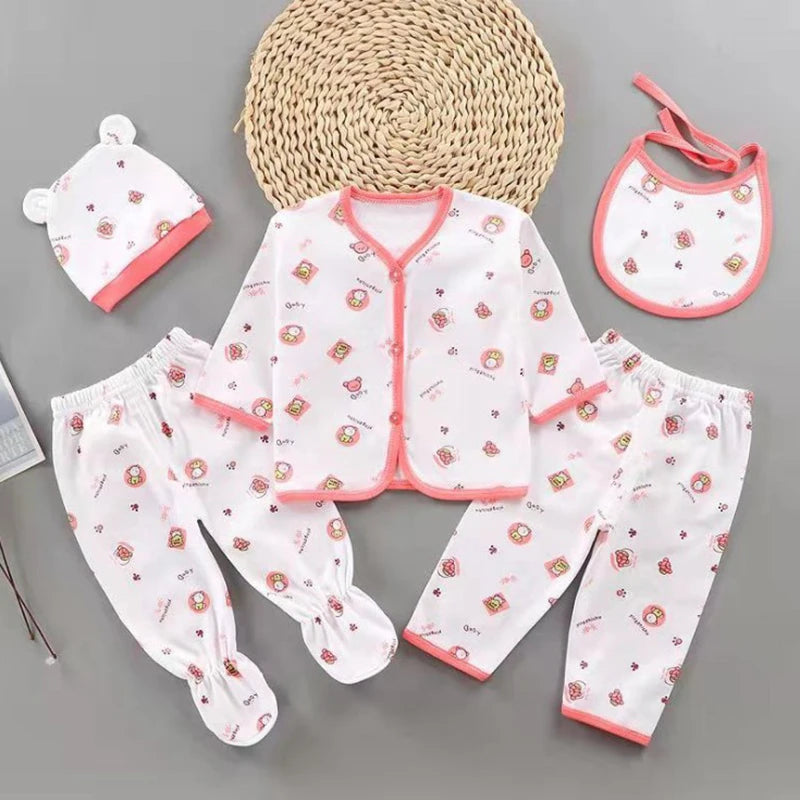 Newborn 5-Piece Baby Set - Cotton Essentials with Top, Pants, Bib & Hat