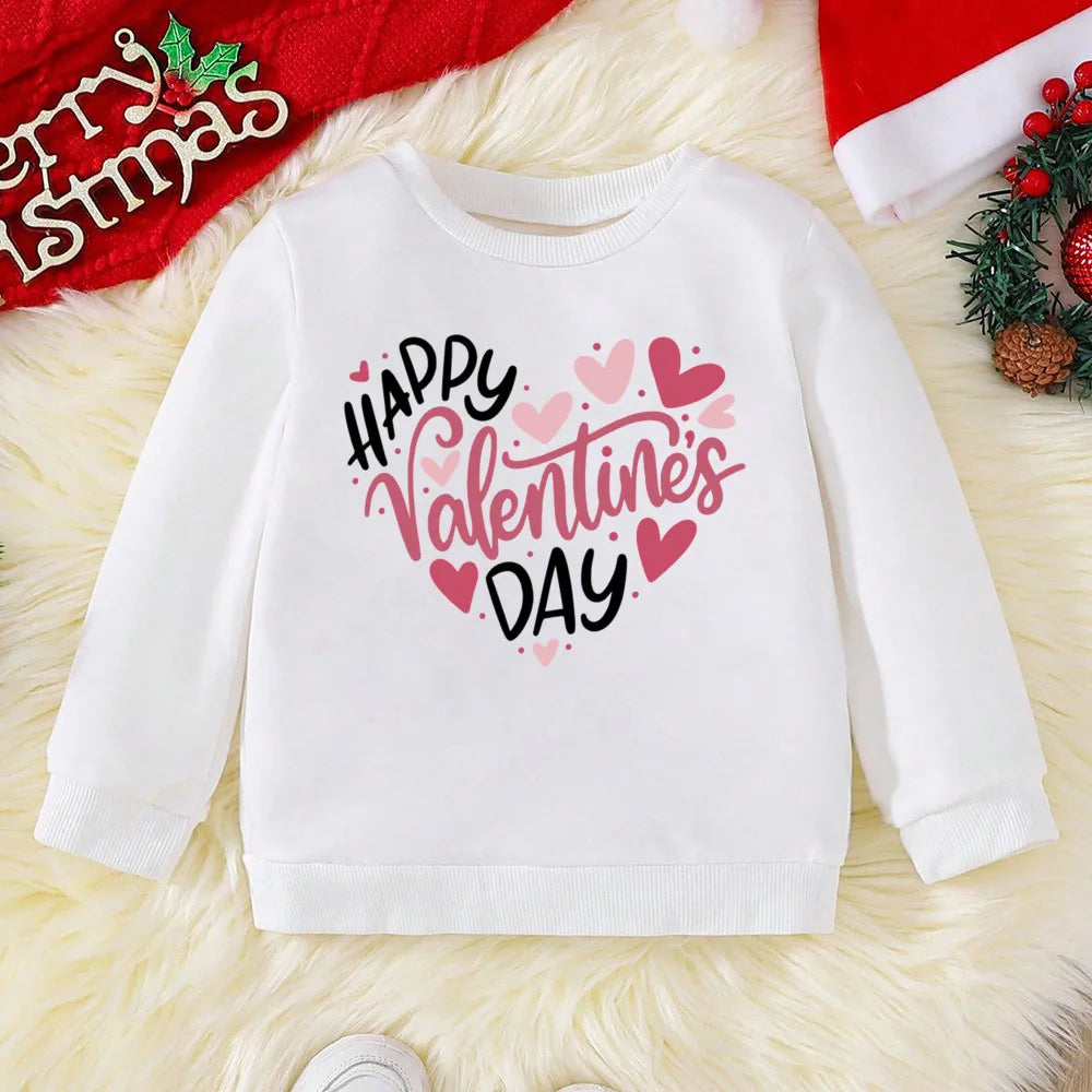 White sweatshirt with 'Happy Valentine's Day' text and hearts on a festive background