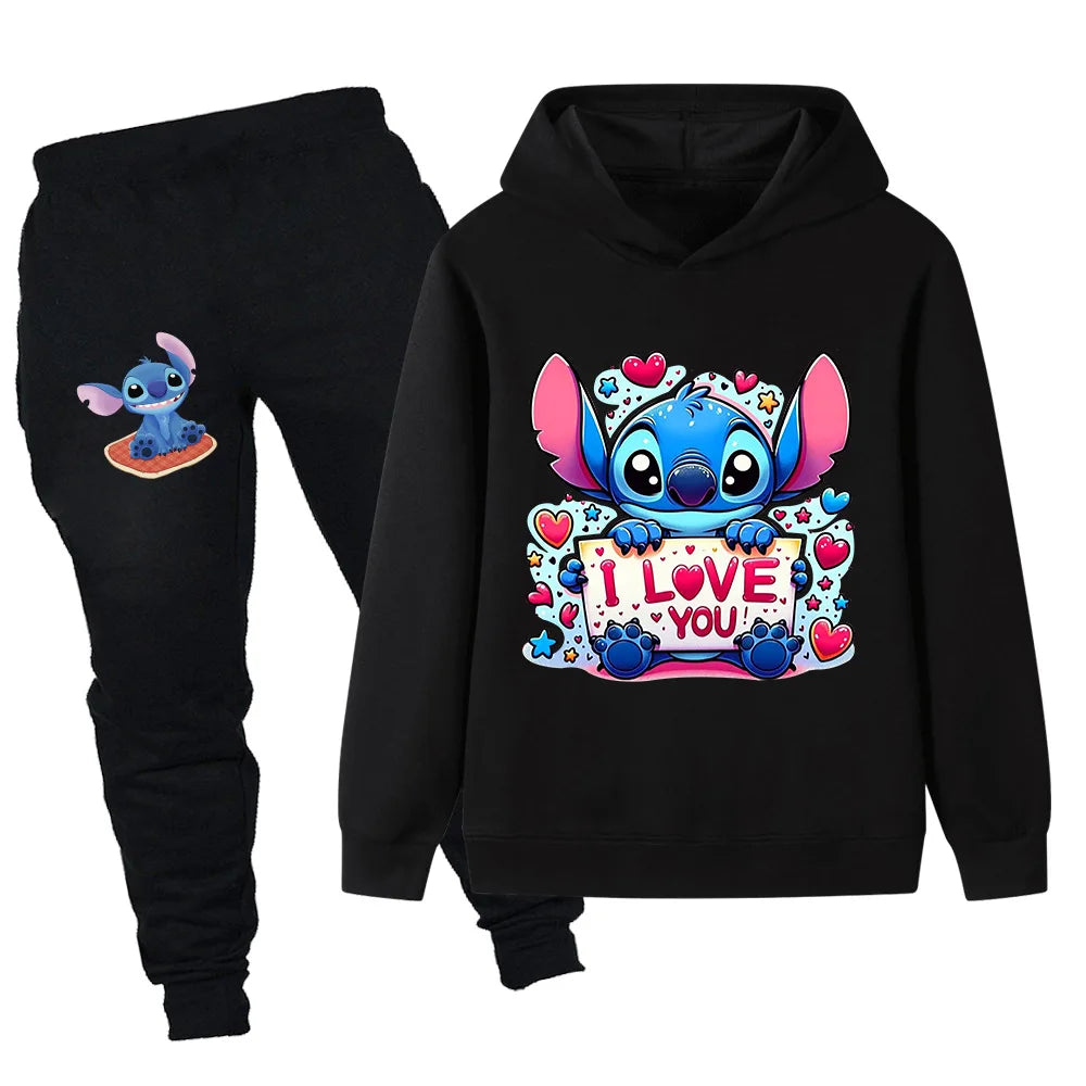 Black hoodie and pants set with cartoon character and 'I Love You' text on a white background