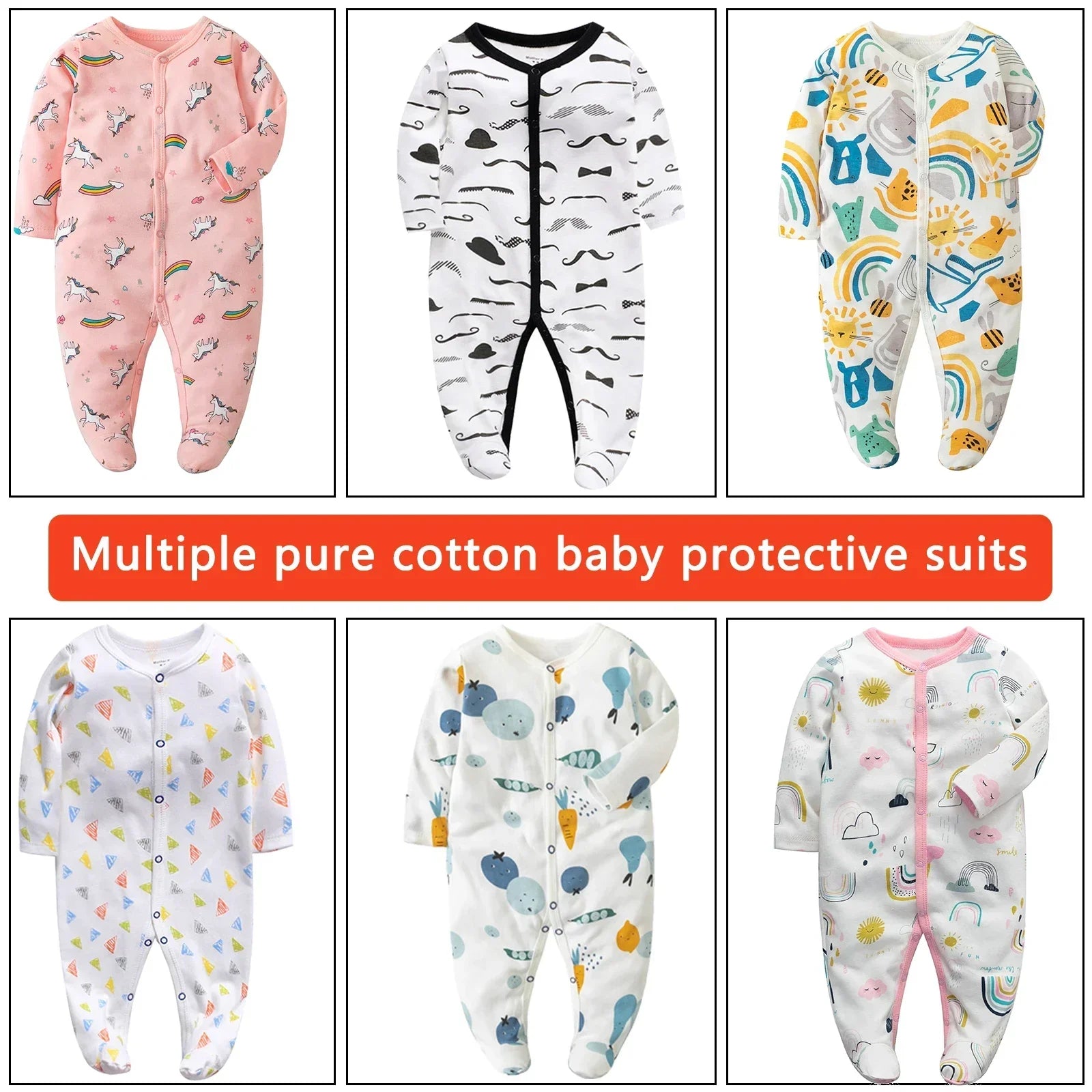 Collage of multiple pure cotton baby protective suits with various patterns.