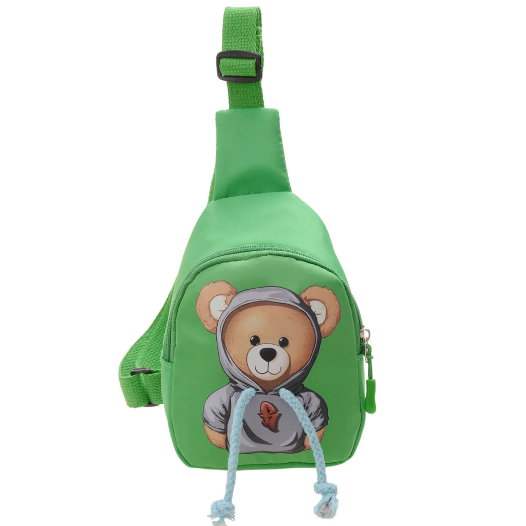 Green children's sling bag with bear design on a white background