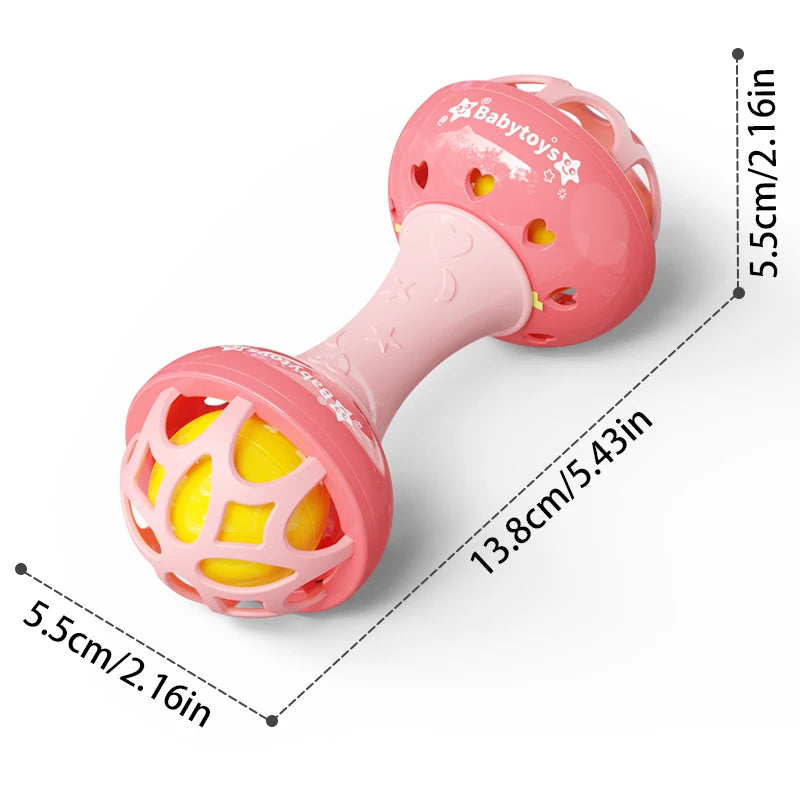 Pink baby dumbbell toy with yellow ball inside, showing dimensions on a white background