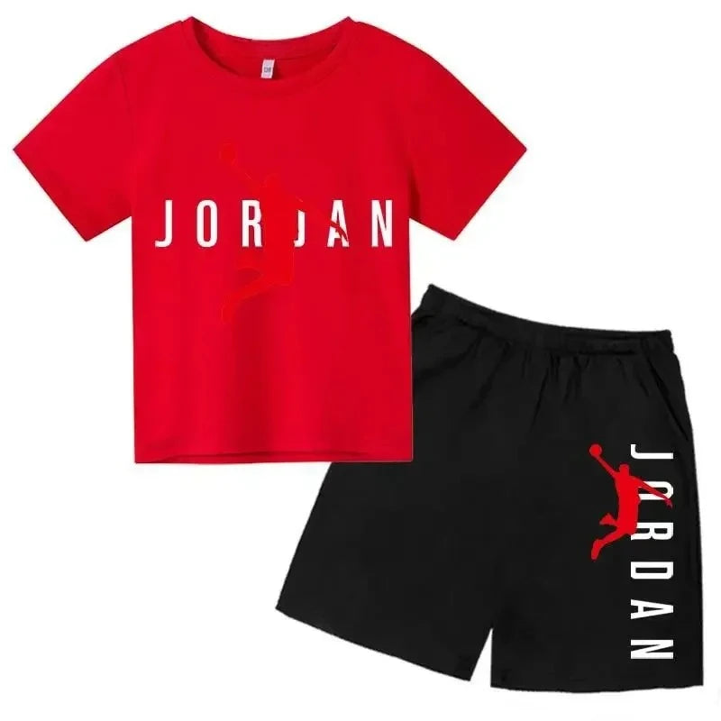 Red t-shirt and black shorts with 'Jordan' branding on a white background
