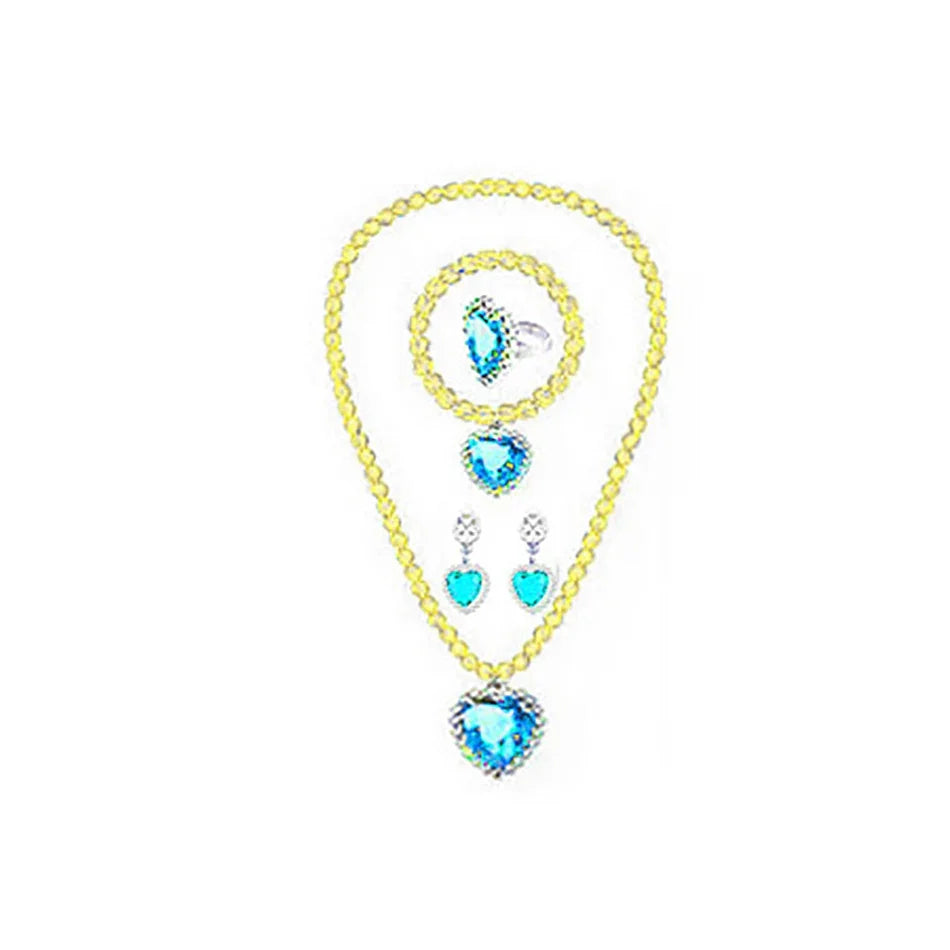 Jewelry set with blue heart-shaped pendants on a yellow chain against a white background